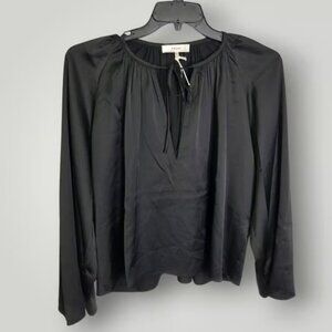 Frame Black Satin Flare Sleeve Blouse Long Sleeve Tie Neck